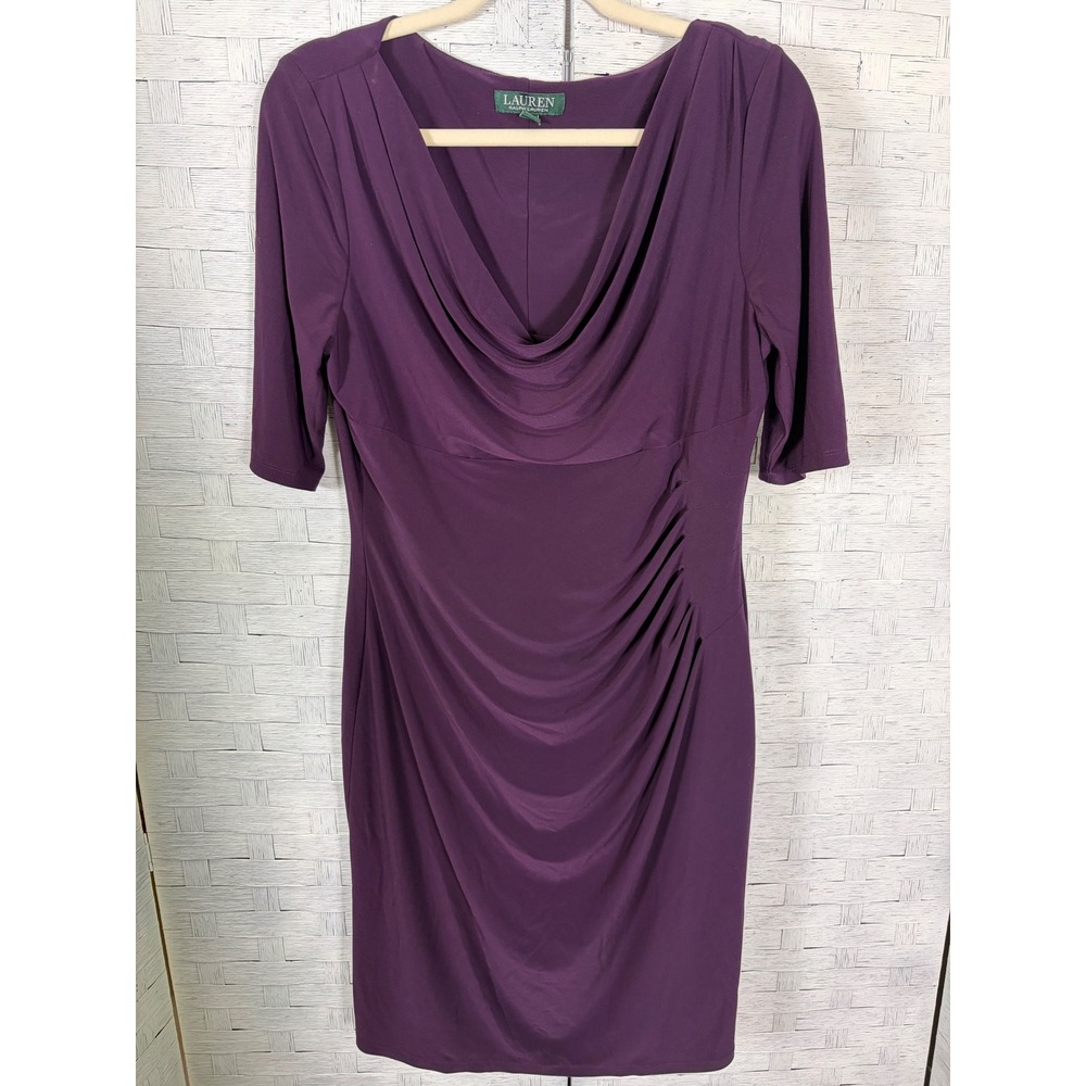 Lauren Ralph Lauren Womens Dress Sheath Vintage Cowl Neck Ruched Elbow Sleeve